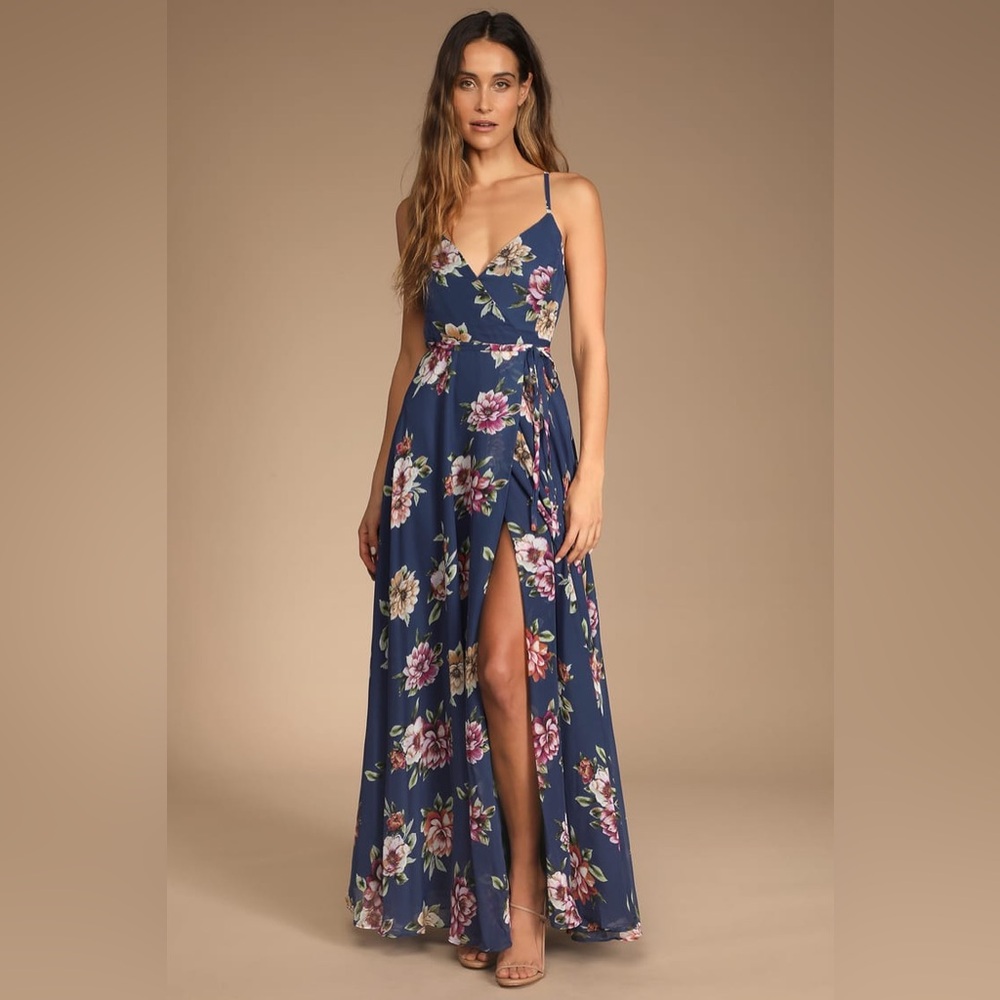 Lulus-Always There For Me Navy Blue Floral Print Wrap Maxi Dress
